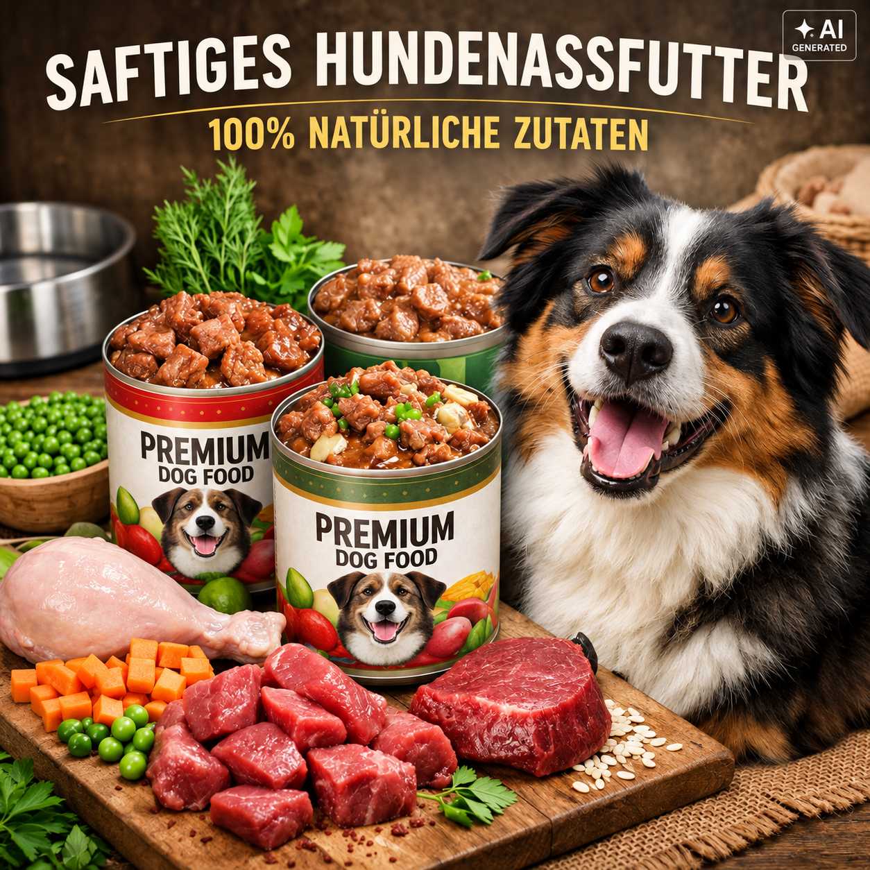 Hund neben Dosen mit Nassfutter sowie Fleisch, Gemüse und weiteren Zutaten